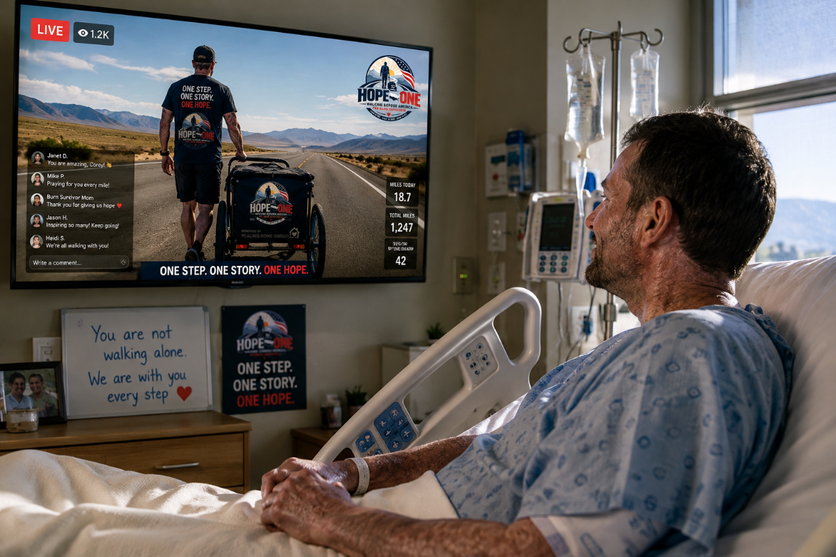 A burn survivor watching the Hope One Walk journey from a hospital room