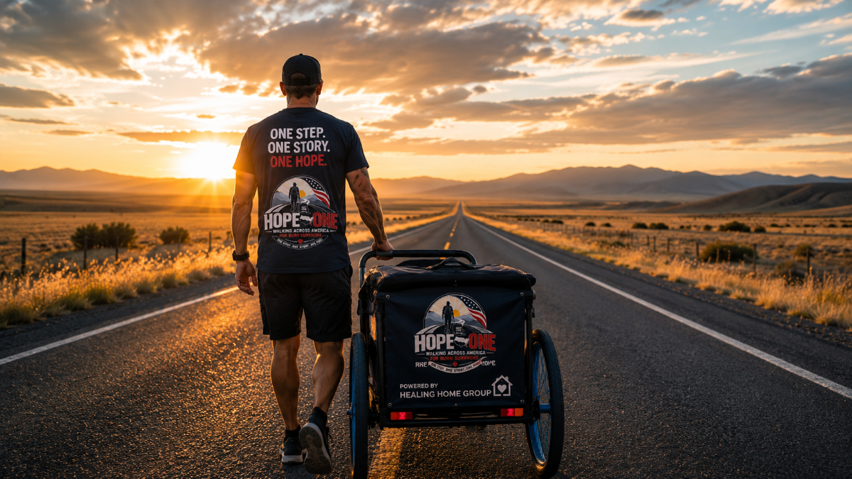 Hope One Walk traveling along an open road at sunset