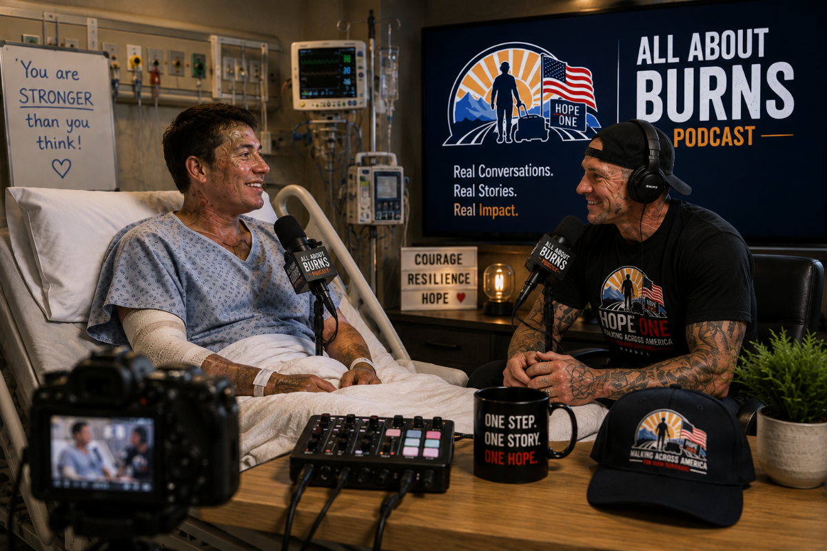 All About Burns Podcast recording with a burn survivor in a hospital setting